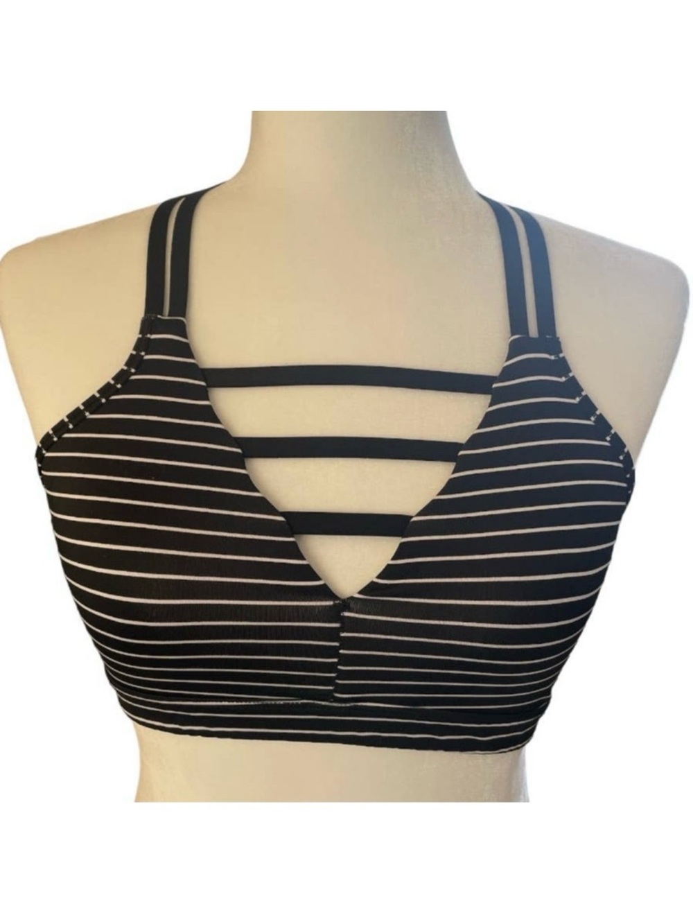 Victoria's Secret VSX Sport Black White Striped Strappy Plunge Sports Bra Size S